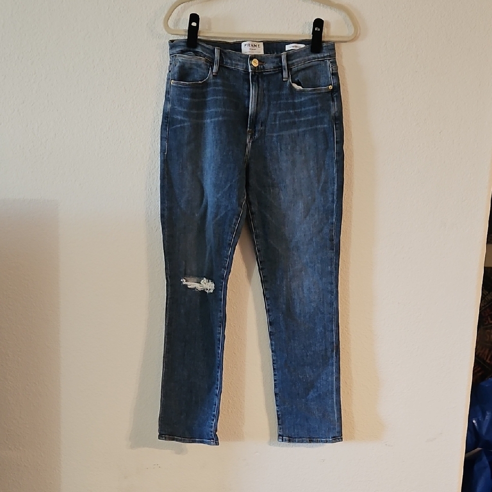 Frame Denim Blue Ankle Jeans with Distressed Detail - Picture 1 of 3